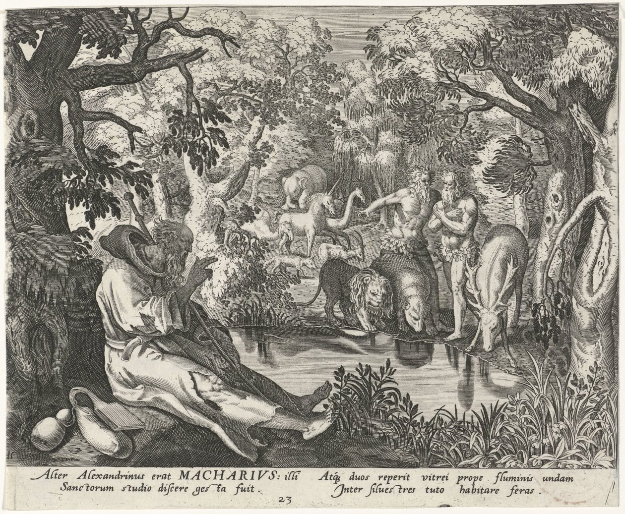 Macarius av Alexandria som eremitt Mannlige eremitter (serietittel) Solitudo Sive Vitae Patrum Eremicolarum (serietittel) av Johann Sadeler (I)