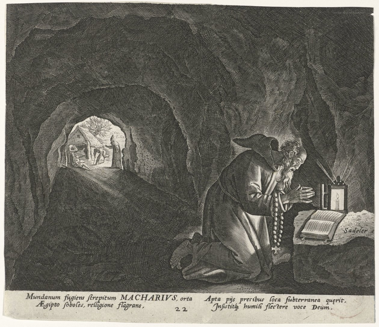 Macarius av Egypt som en eremitt Mannlige eremitter (serietittel) Solitudo Sive Vitae Patrum Eremicolarum (serietittel) av Johann Sadeler (I)