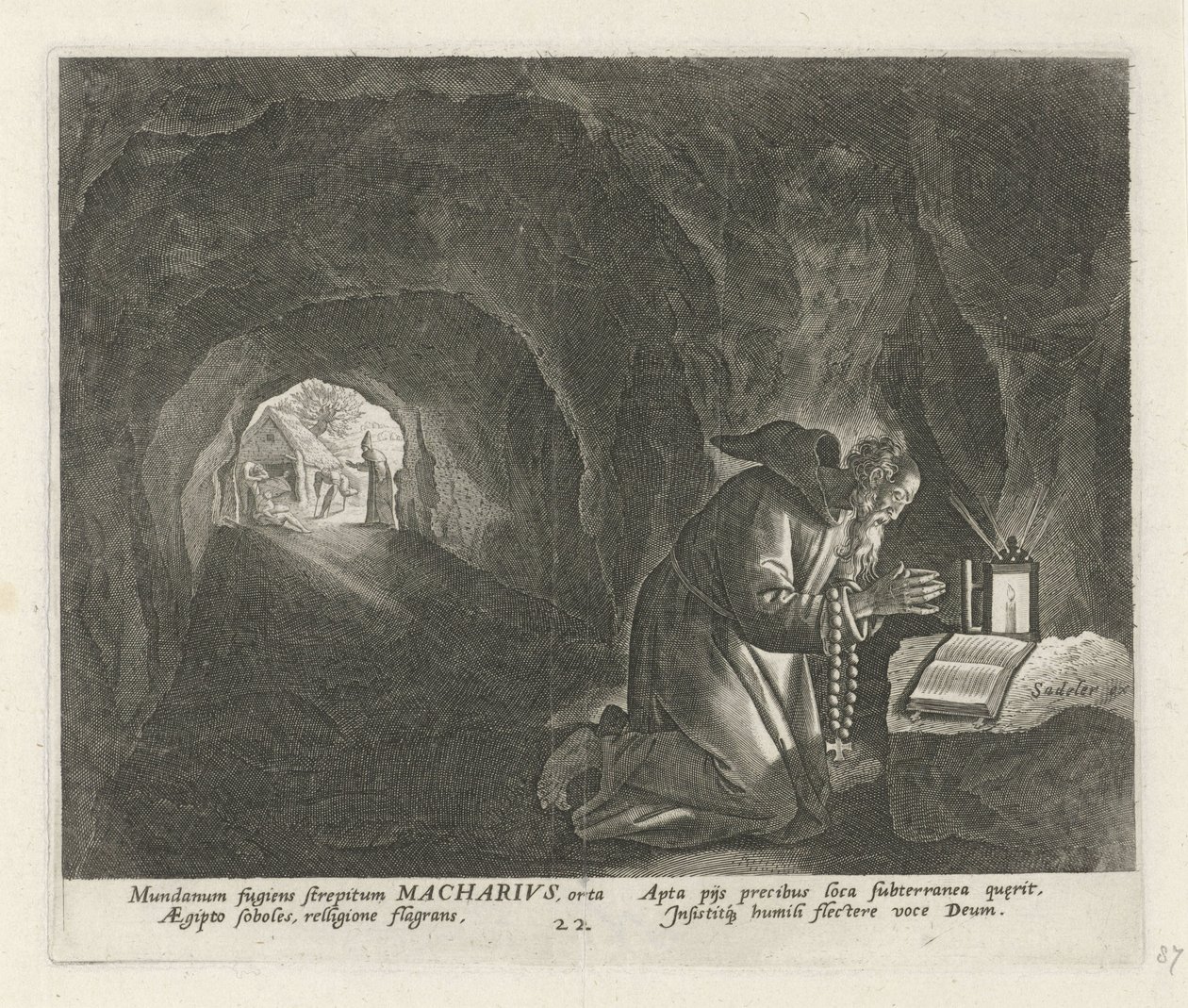 Macarius of Egypt som eremitt mannlige eremitter (serietittel) Solitudo Sive Vitae Patrum Eremicolarum (serietittel) av Johann Sadeler (I)