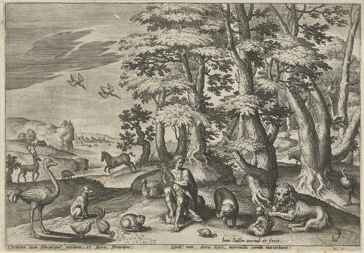 Orpheus, lager musikk for dyrene Landskap med mytologiske scener (serietittel) av Johann Sadeler (I)