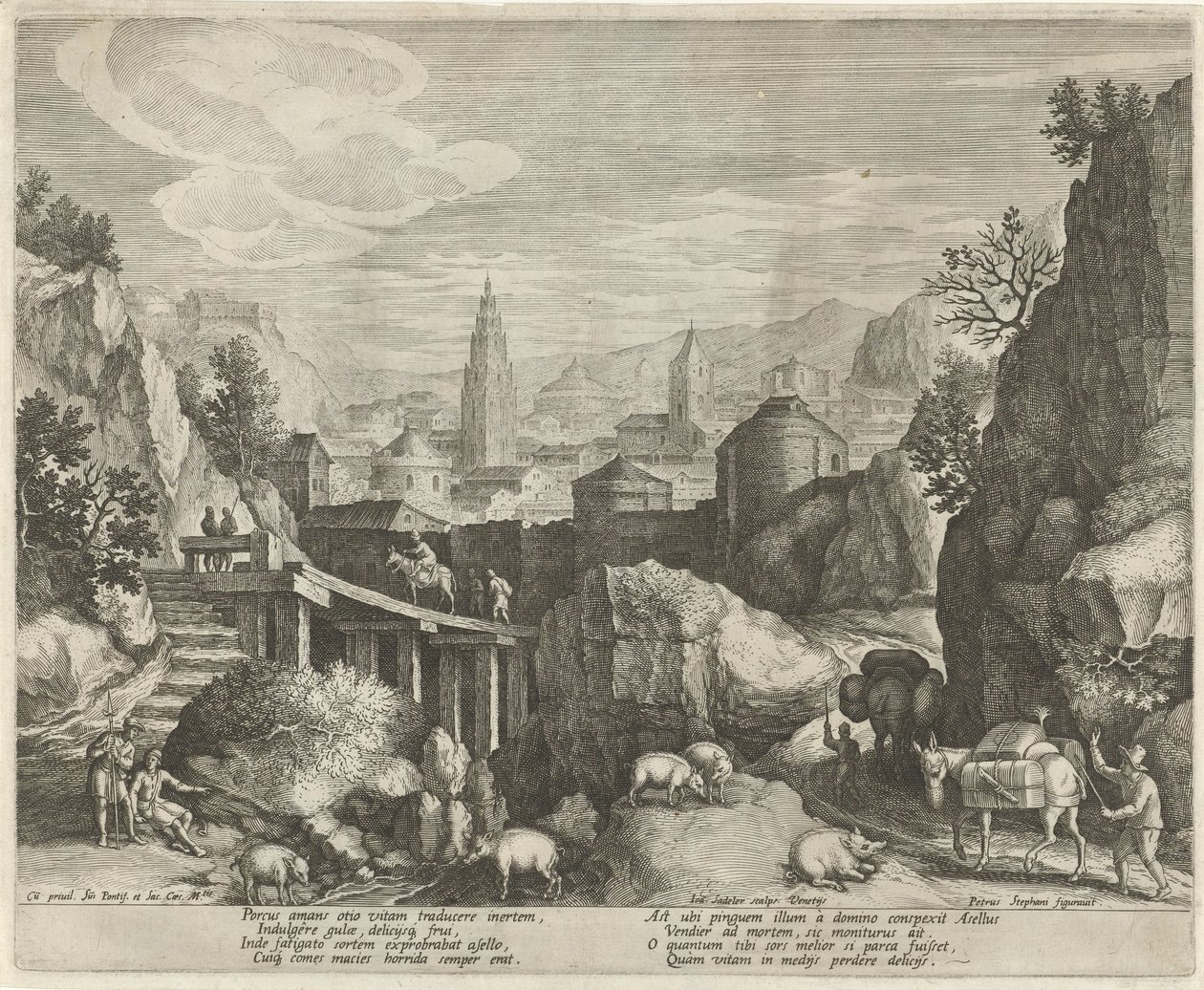 Steinete landskap med fabelen om eselet og villsvinemblemene i et landskap (serietittel) av Johann Sadeler (I)