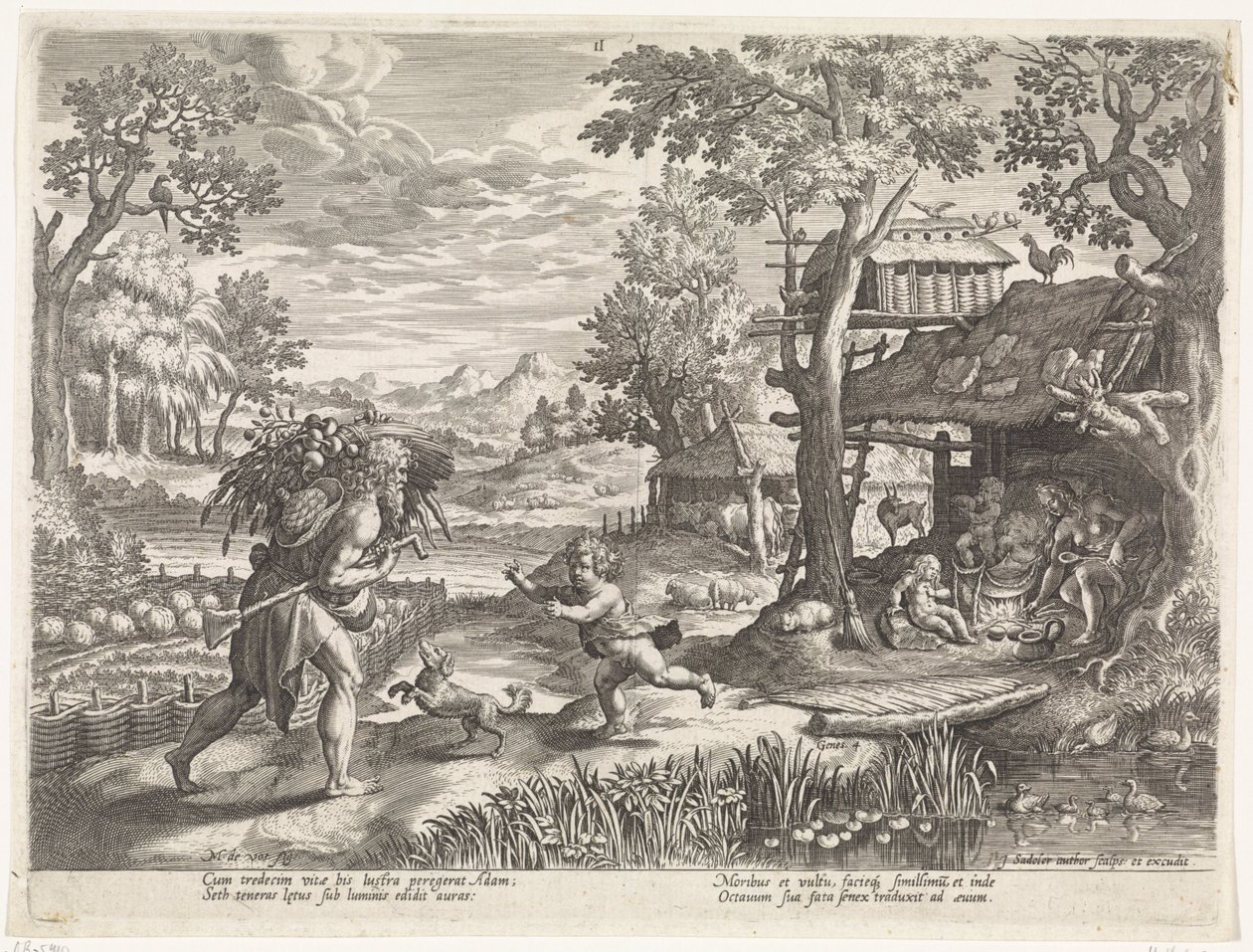 Set hilser på Adam når han kommer tilbake fra banen Historien om Sets familie / Bedømme de gode og de dårlige (serietittel) Bonorum et Malorum consensio (serietittel) av Johann Sadeler (I)
