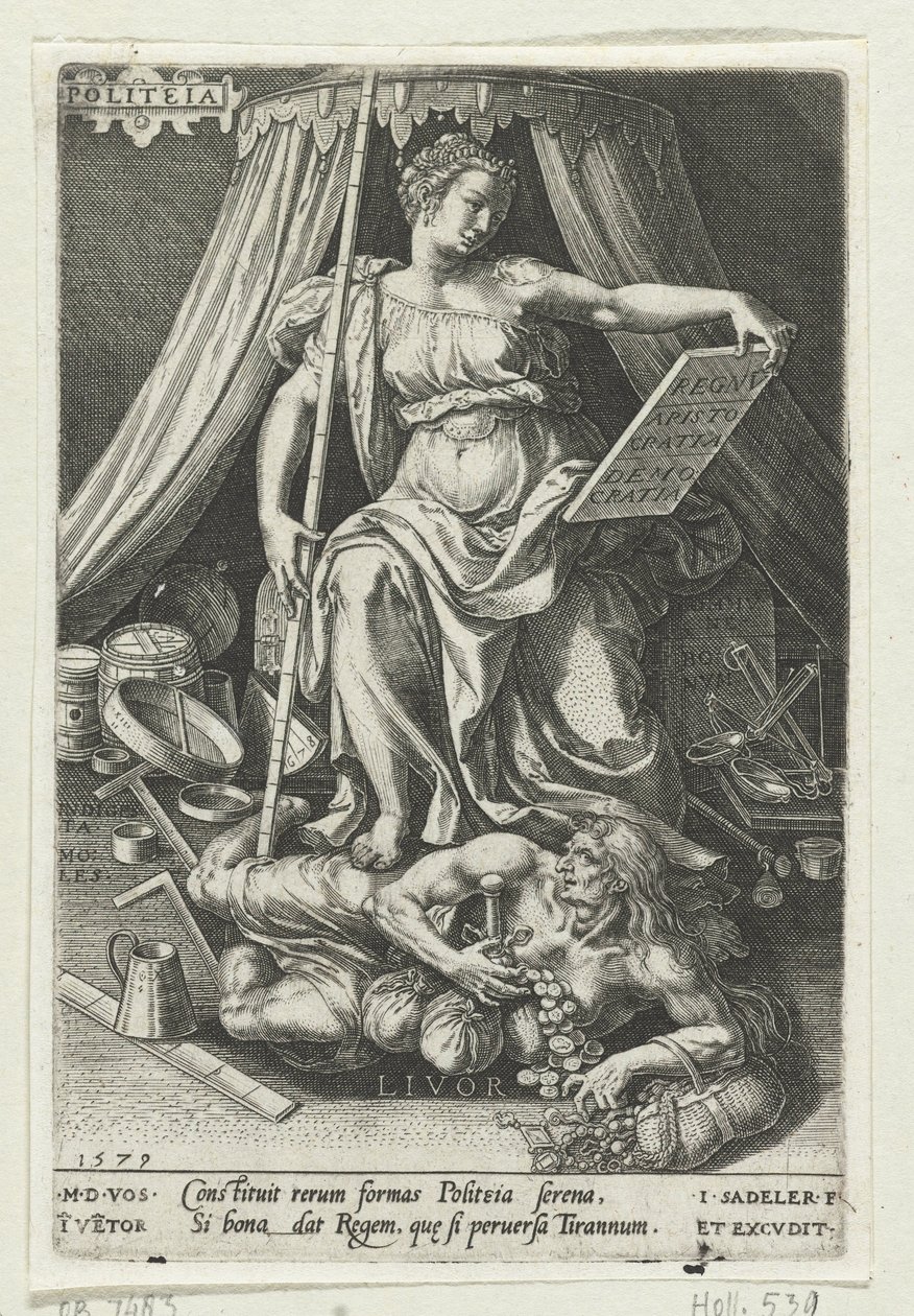 Statlig kunst (Politeia) erobrer Envy (Livor) Politeia (tittel på objekt) Dydene erobrer lastene (serietittel) av Johann Sadeler (I)