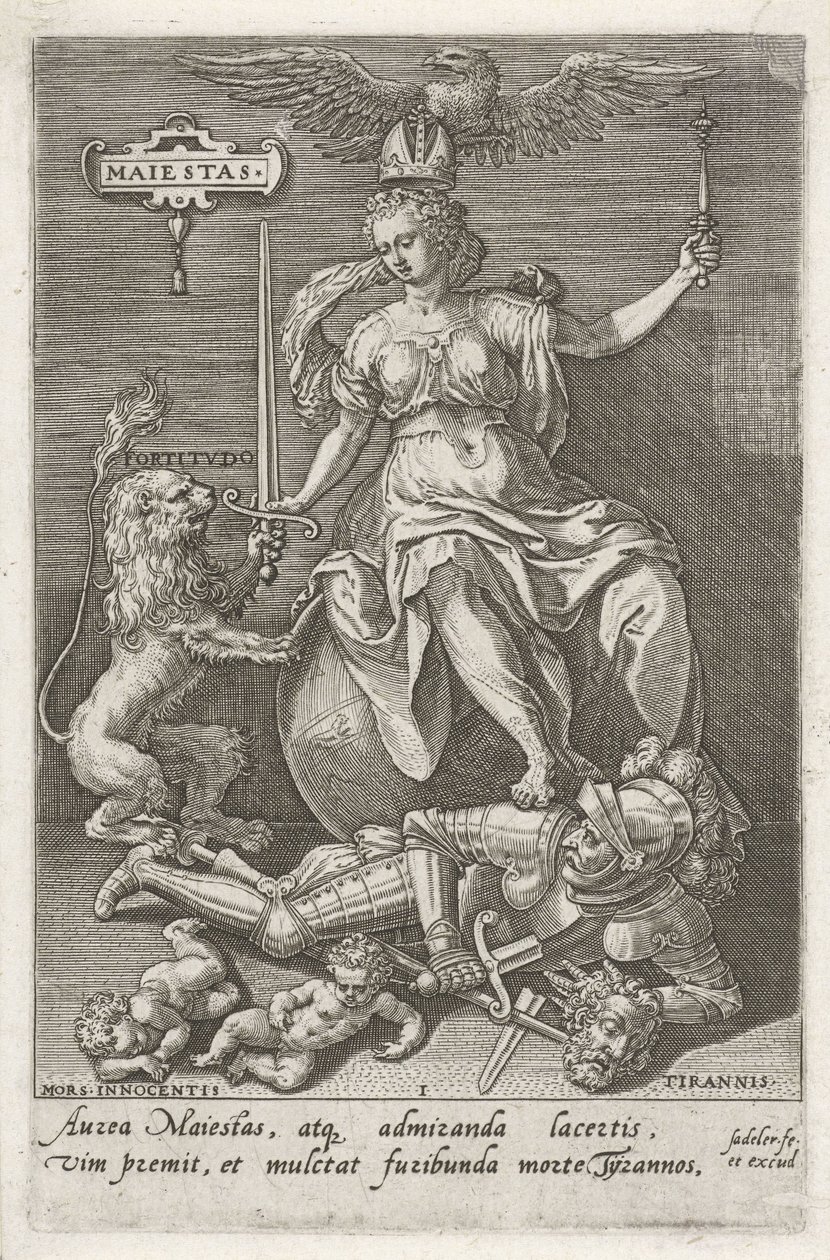 Verdighet (Majestas) overvinner Tyranni (Tyrannis) Maiestas (tittel på objekt) Dydene erobrer lastene (serietittel) av Johann Sadeler (I)