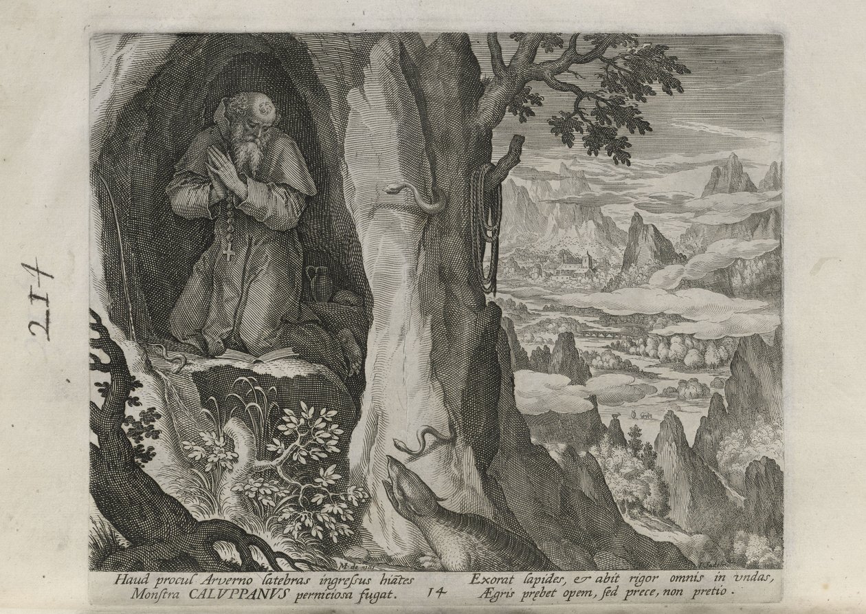 Caluppanus, plansje 14 av 30 fra serien Sylvae Sacrae (Eremitter i landskap) av Johann Sadeler I