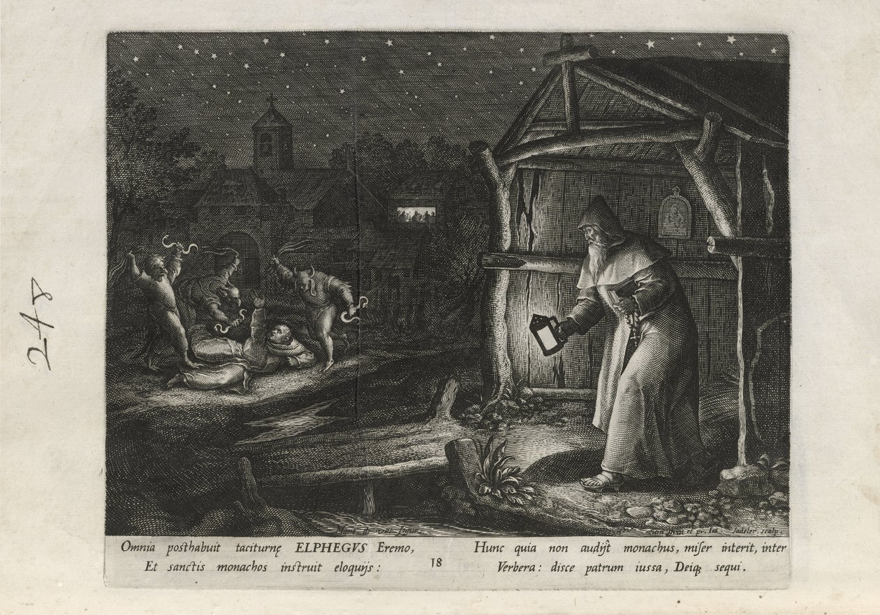 Elphegus, plansje 18 av 25 fra serien Trophaeum Vitae Solitariae (mannlige eremitter) av Johann Sadeler I