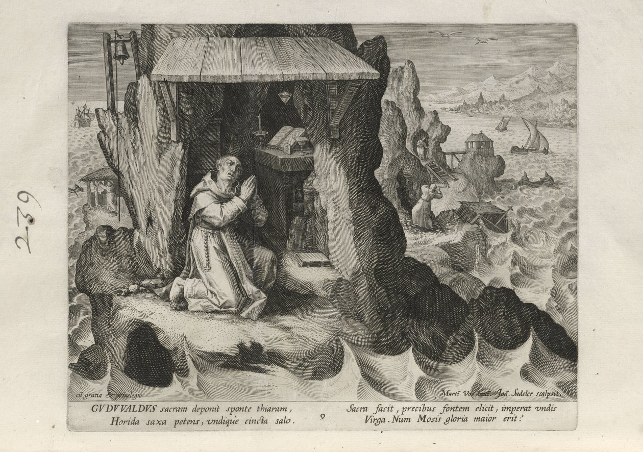 Gudwaldus, blad 9 av 25 fra serien Trophaeum Vitae Solitariae (mannlige eremitter) av Johann Sadeler I