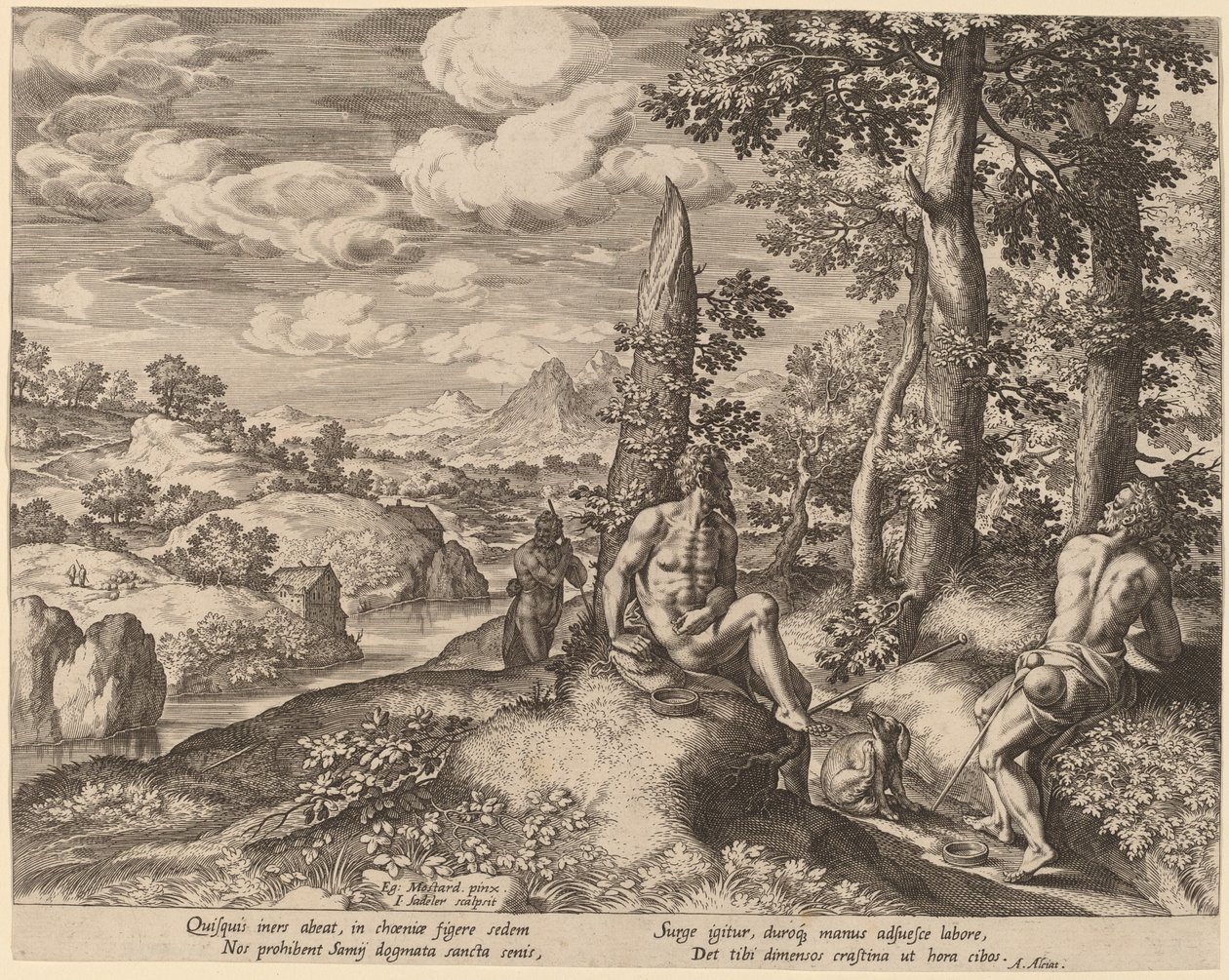 Landskap med tre nakne menn og en hund. av Johann Sadeler I