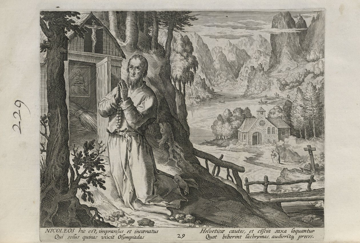 Nicoleos, plansje 29 av 30 fra serien Sylvae Sacrae (Eremitter i landskap) av Johann Sadeler I