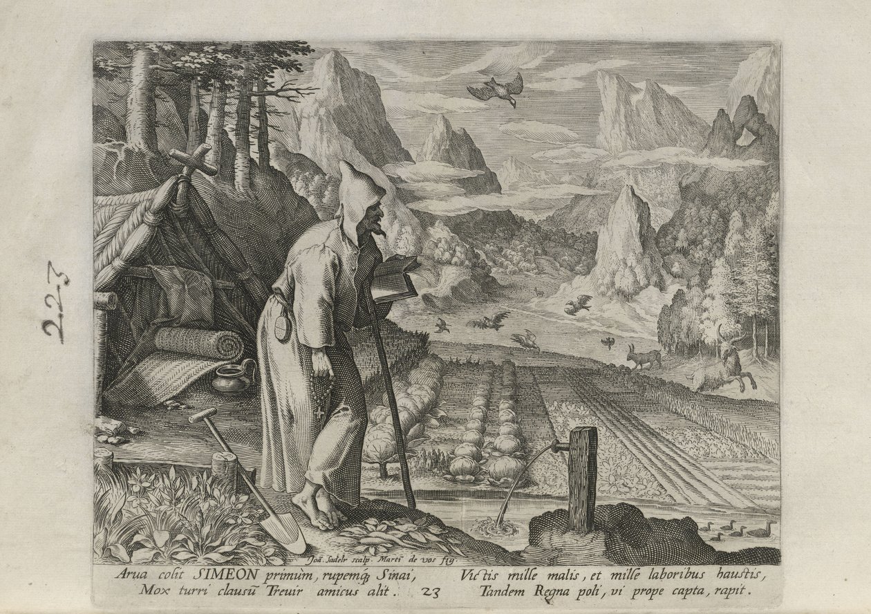 Simeon, plansje 23 av 30 fra serien Sylvae Sacrae (Eremitter i landskap) av Johann Sadeler I