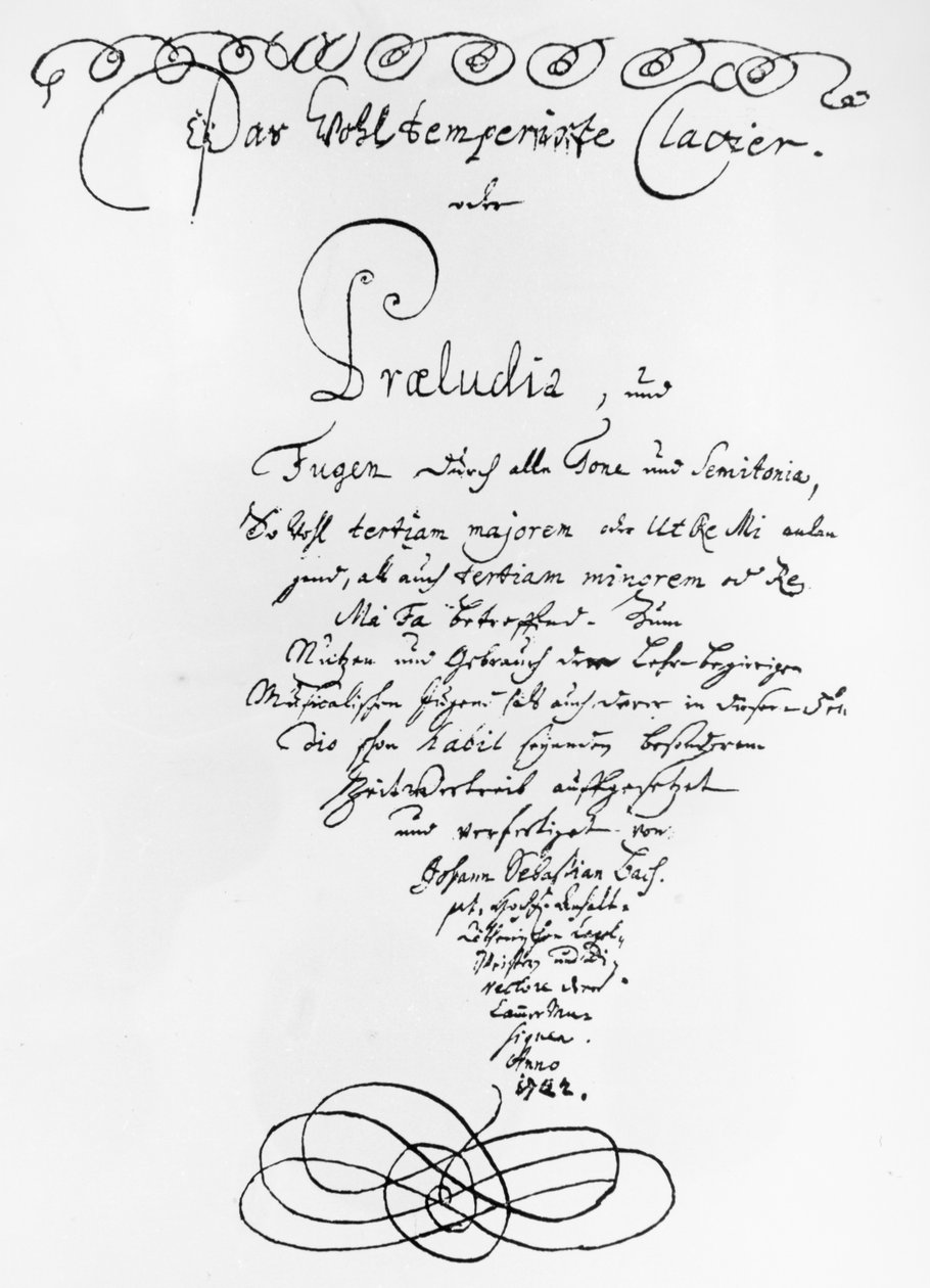 Håndskrevet tittelside til The Well Tempered Piano, 1722 (penn og blekk på papir) av Johann Sebastian Bach