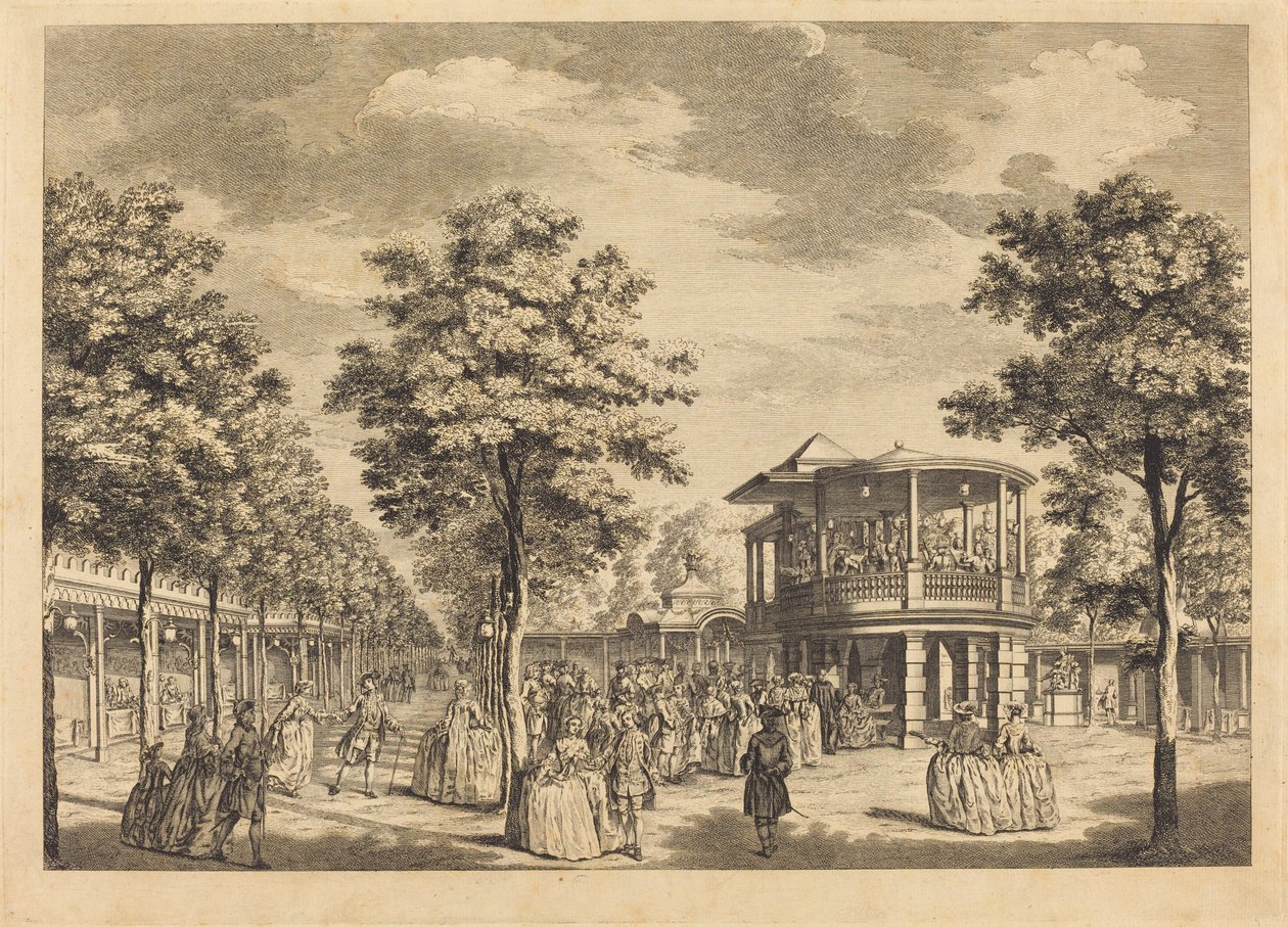 Vauxhall Gardens viser Grand Walk ved inngangen til hagen og orkesteret med musikk som spiller av Johann Sebastian Müller after Samuel Wale