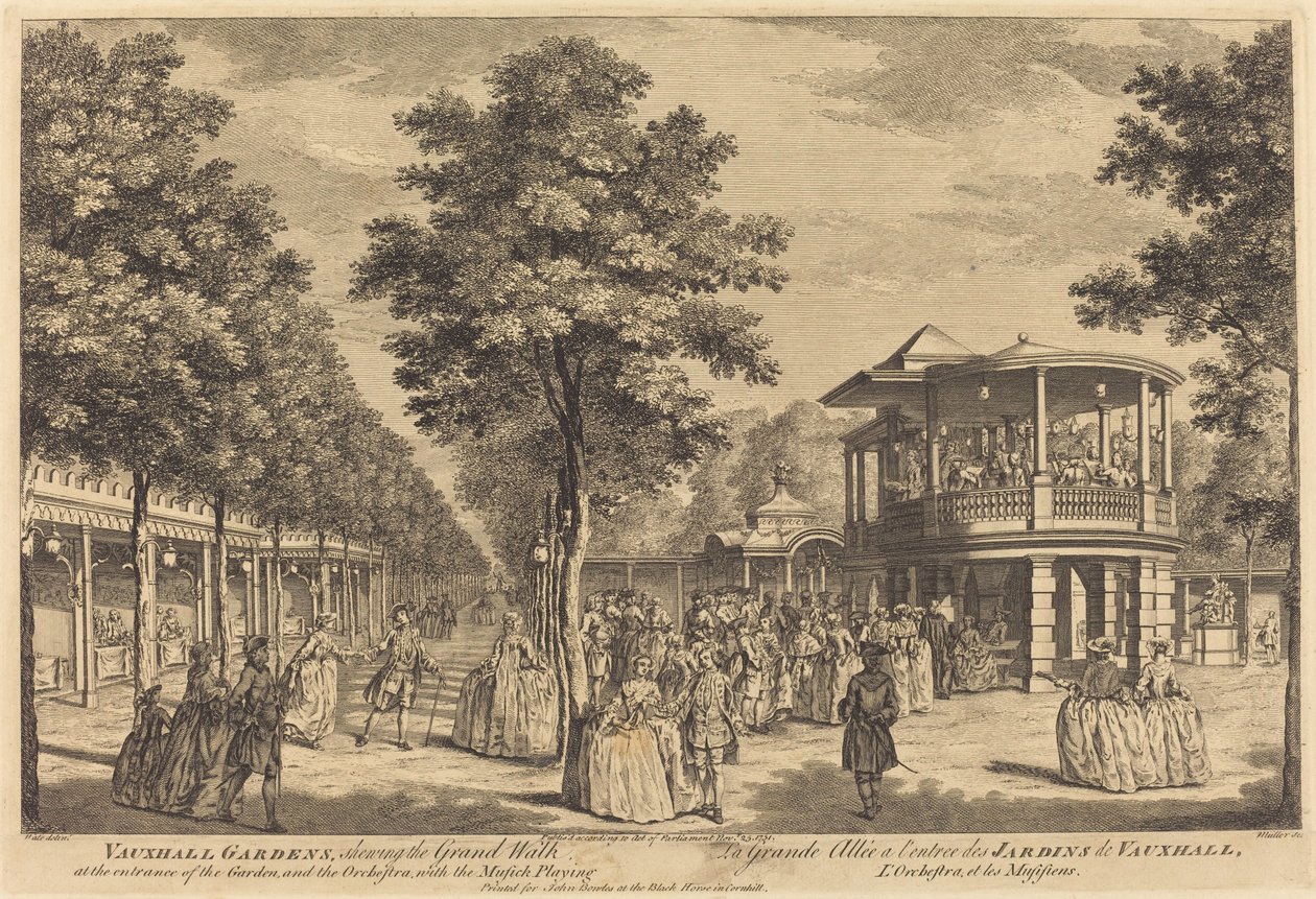 Vauxhall Gardens viser Grand Walk ved inngangen til hagen og orkesteret med musikk som spiller av Johann Sebastian Müller after Samuel Wale