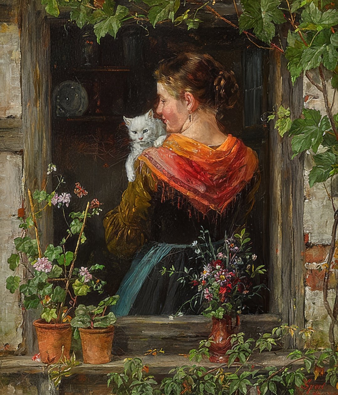 Ung kvinne med katt av Johann Sperl