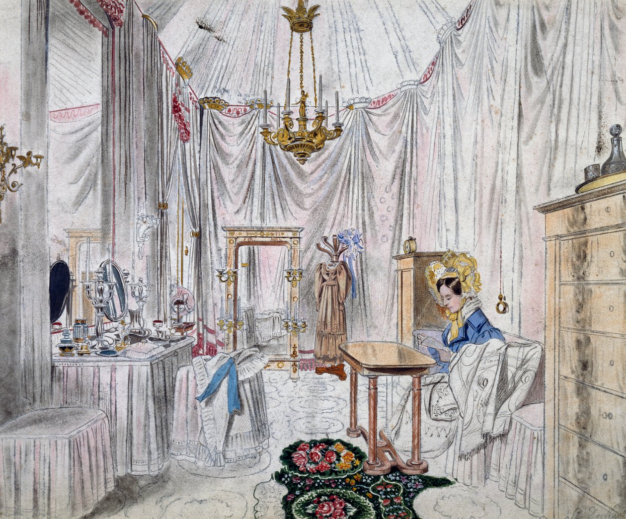 Omkledningsrom til keiserinne Carolina Augusta i slottet i Wien, akvarell på papir av Johann Stephan Decker (1784-1844) av Johann Stephan Decker