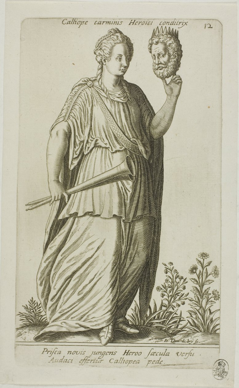 Calliope, Muse of Epic Poetry, plate 12 fra Parnassus Biceps av Johann Theodor de Bry