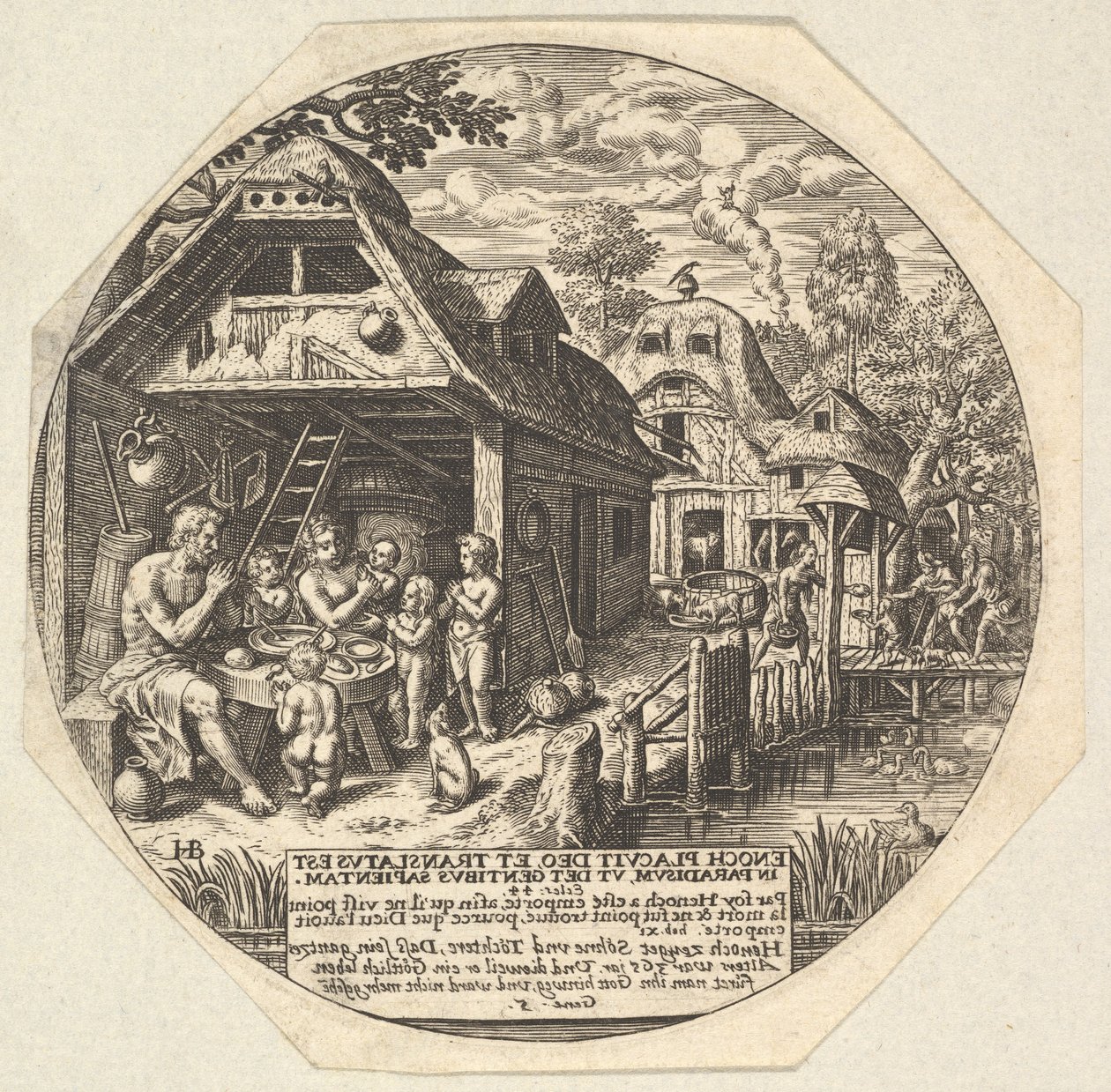 Enoch og familien hans rundt et måltidsbord og holder hendene i en gest..., ca. 1580-1623. av Johann Theodor de Bry