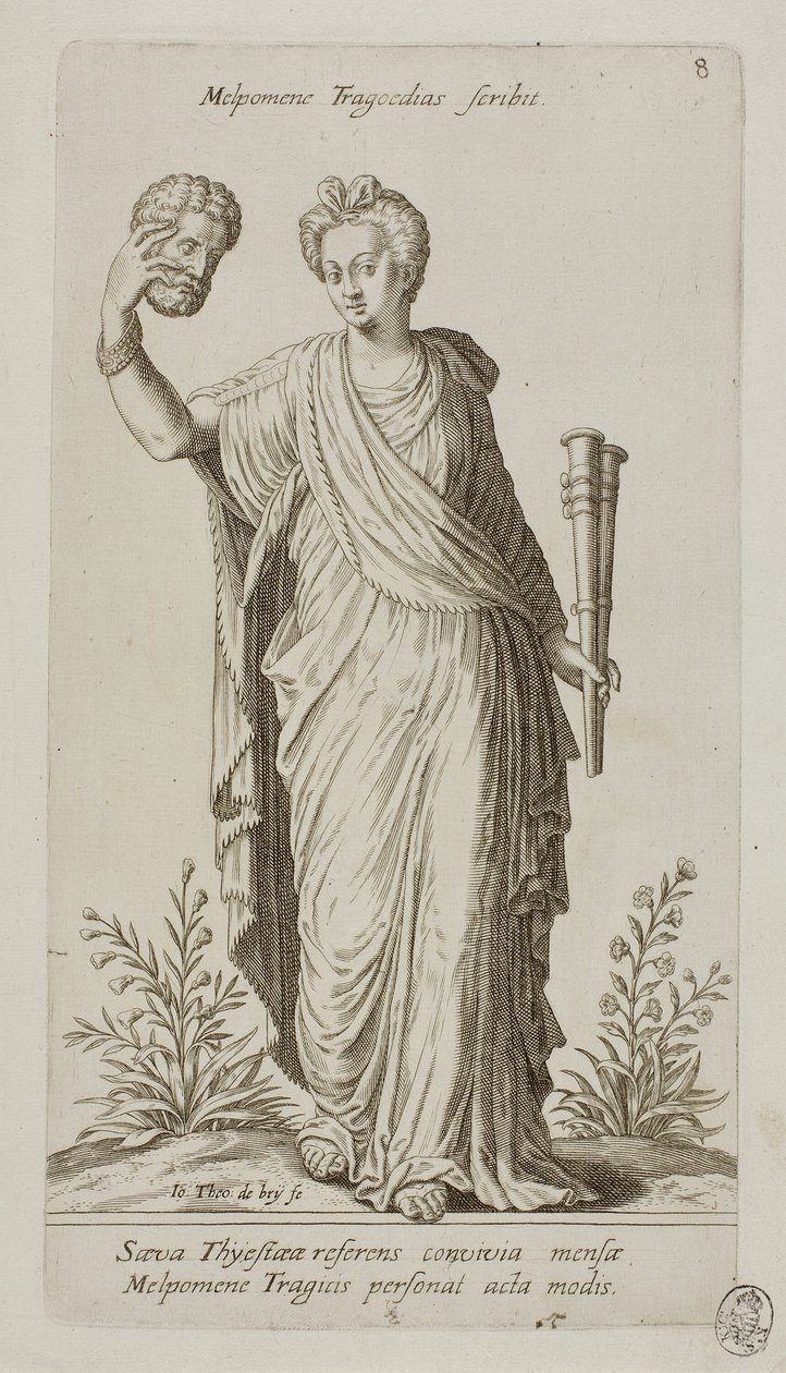 Melpomene, Muse of Tragedy, plate 8 fra Parnassus Biceps av Johann Theodor de Bry