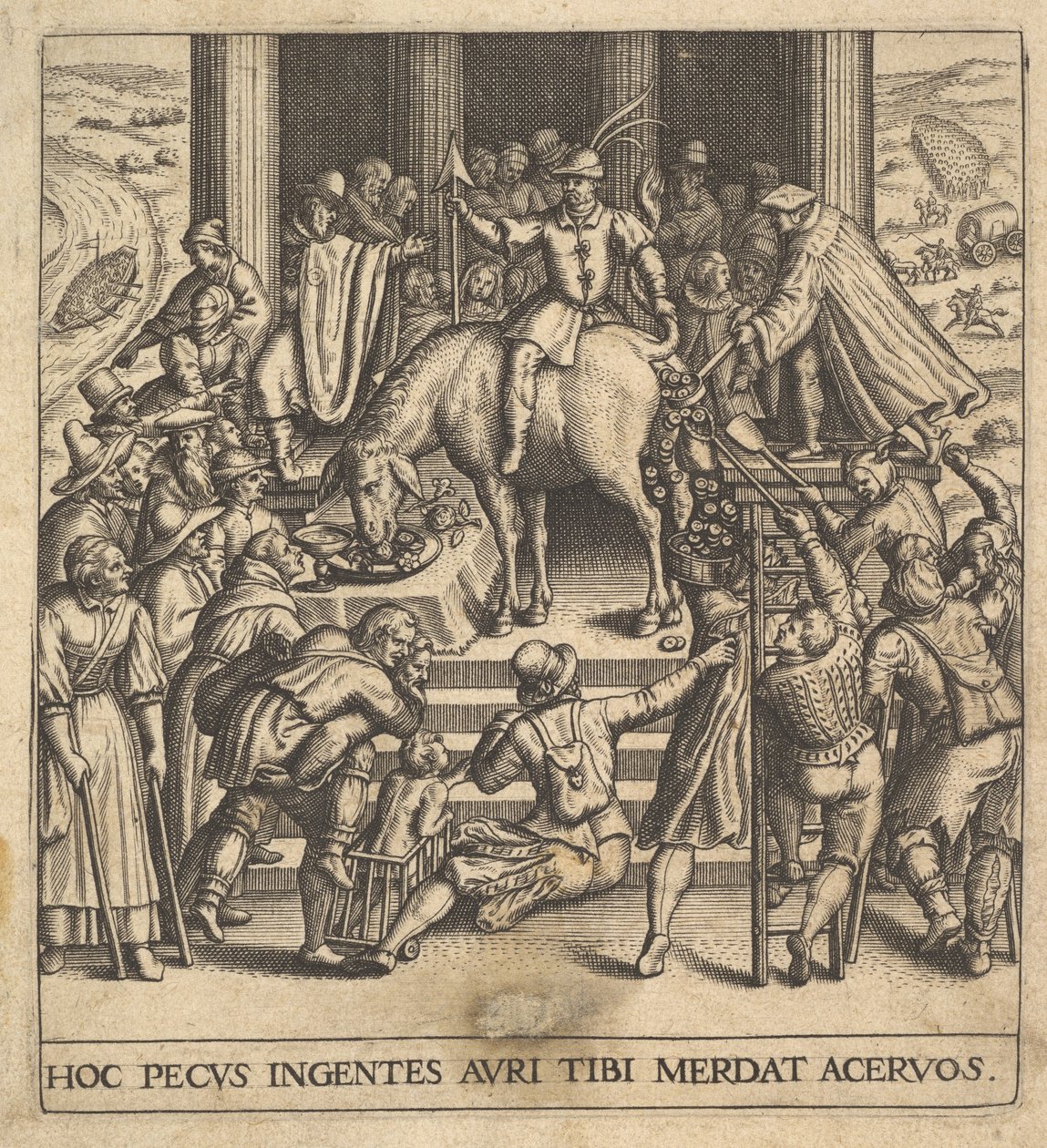Menn som samler møkk som slippes fra bakparten av et muldyr, med en rytter som sitter bak..., 1592-1614. av Johann Theodor de Bry