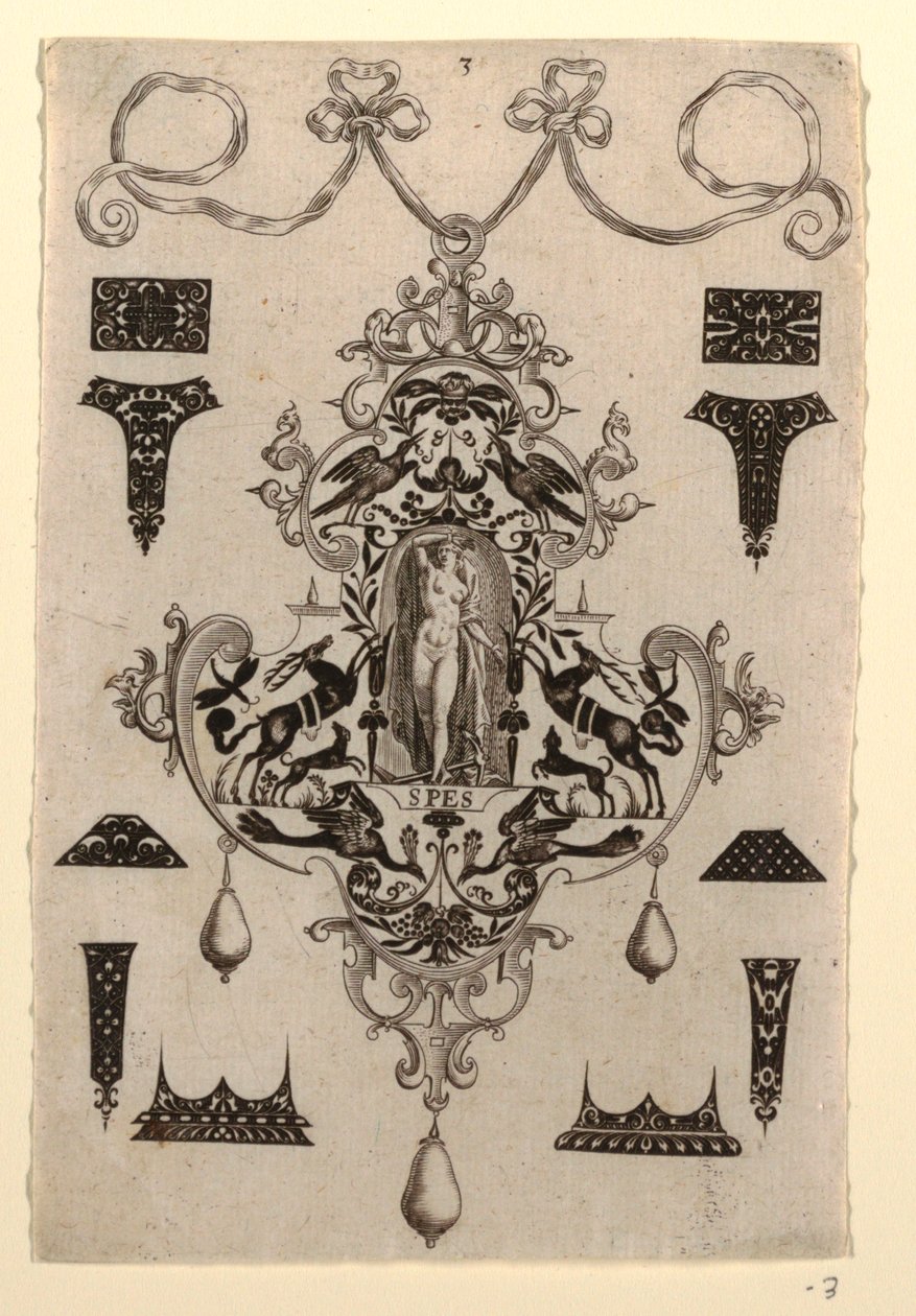 Pendeldesign med dydshåpet, plate 3, fra en serie på åtte anhengsdesign med kardinaldydene av Johann Theodor de Bry