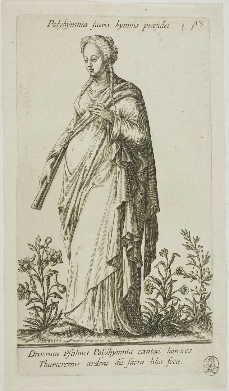 Polyhymnia, Muse of Hymns, plate 13 fra Parnassus Biceps av Johann Theodor de Bry