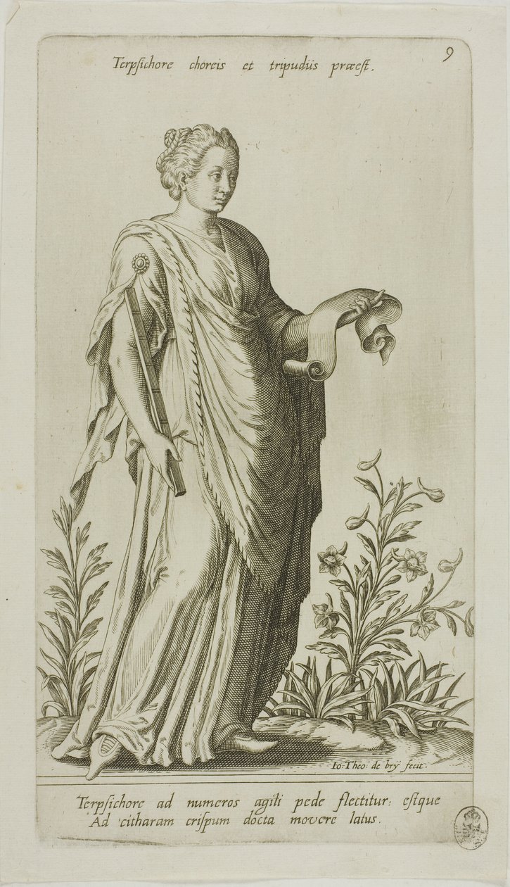 Terpsichore, Muse of Dance, plate 9 fra Parnassus Biceps av Johann Theodor de Bry