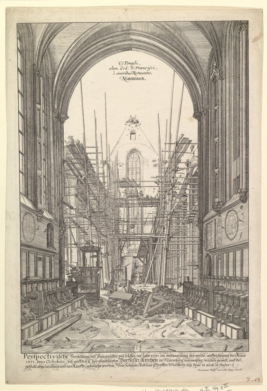 Utsikt over fransiskanernes kirke i Nürnberg under gjenoppbygging, fra serien V....n.d. av Johann Ulrich Kraus