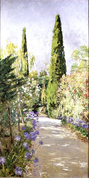 Korfu: Cypress Trees and Oleander (olje på lerret) av Johann Viktor Krämer