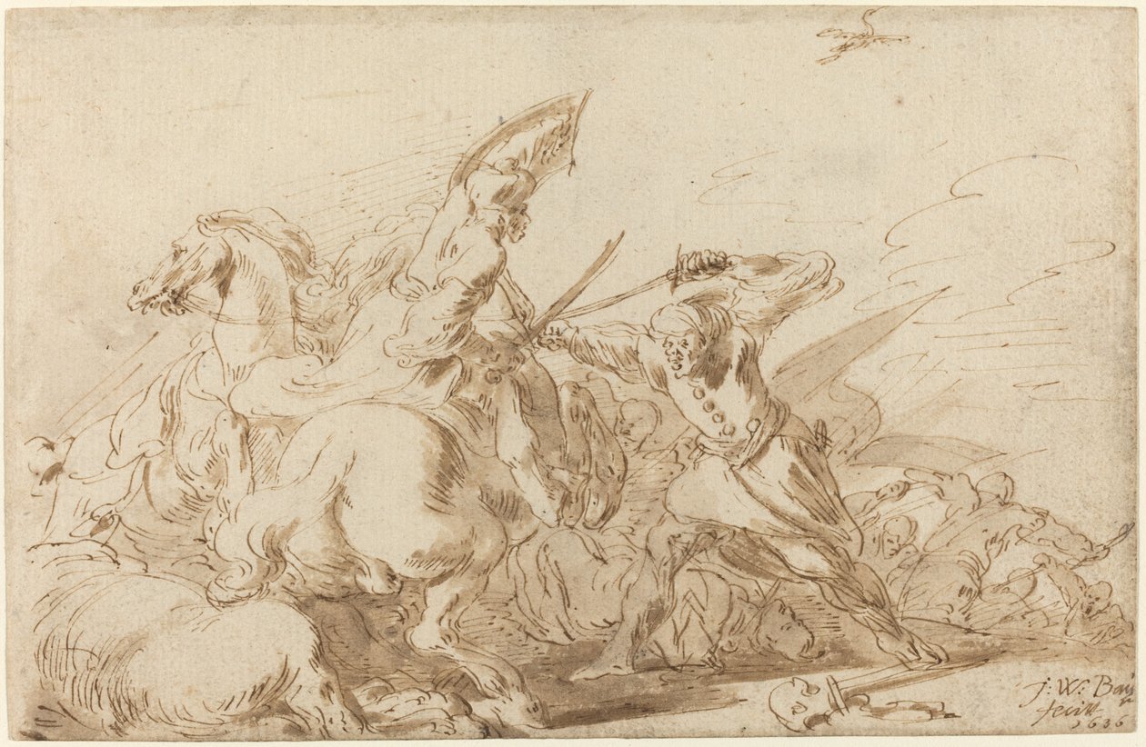 En kamp mellom orientalsk kavaleri og soldater av Johann Wilhelm Baur