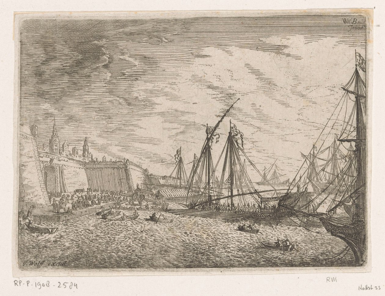 Havneutsikt med seilskuter og bysser foran en bymur Havneutsikt (serietittel) av Johann Wilhelm Baur