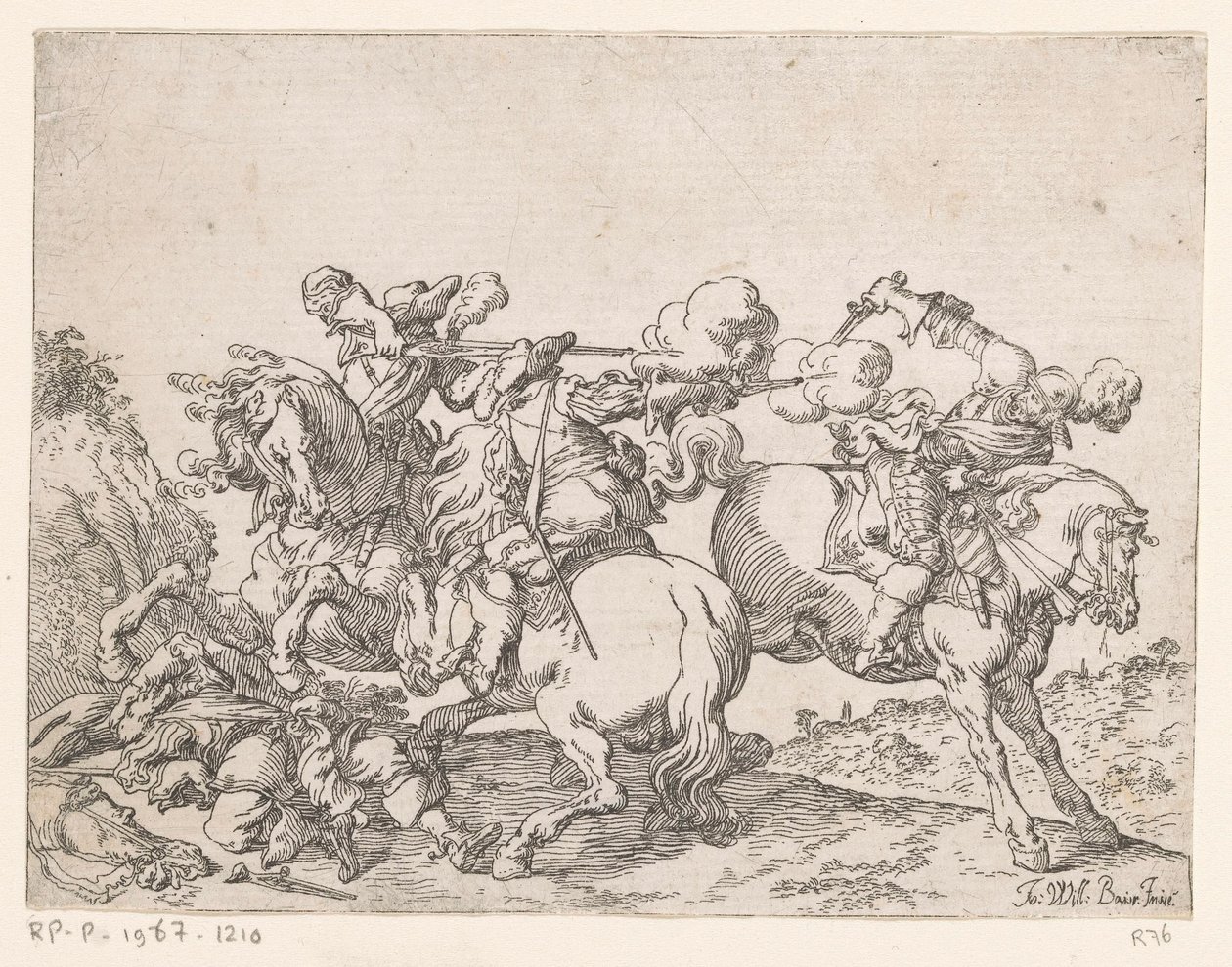 To musketerer på hesteryggen skyter på en rytter Kampscener (serietittel) Capricci di varie battaglie (serietittel) av Johann Wilhelm Baur