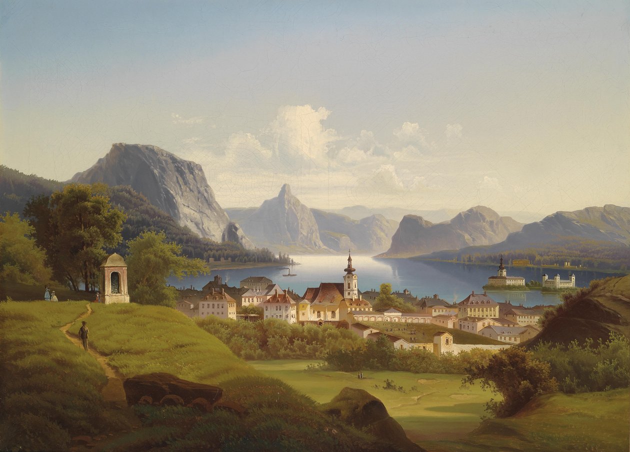 Utsikt over Gmunden med Schloss Ort i bakgrunnen, 1870 av Johann Wilhelm Jankowski