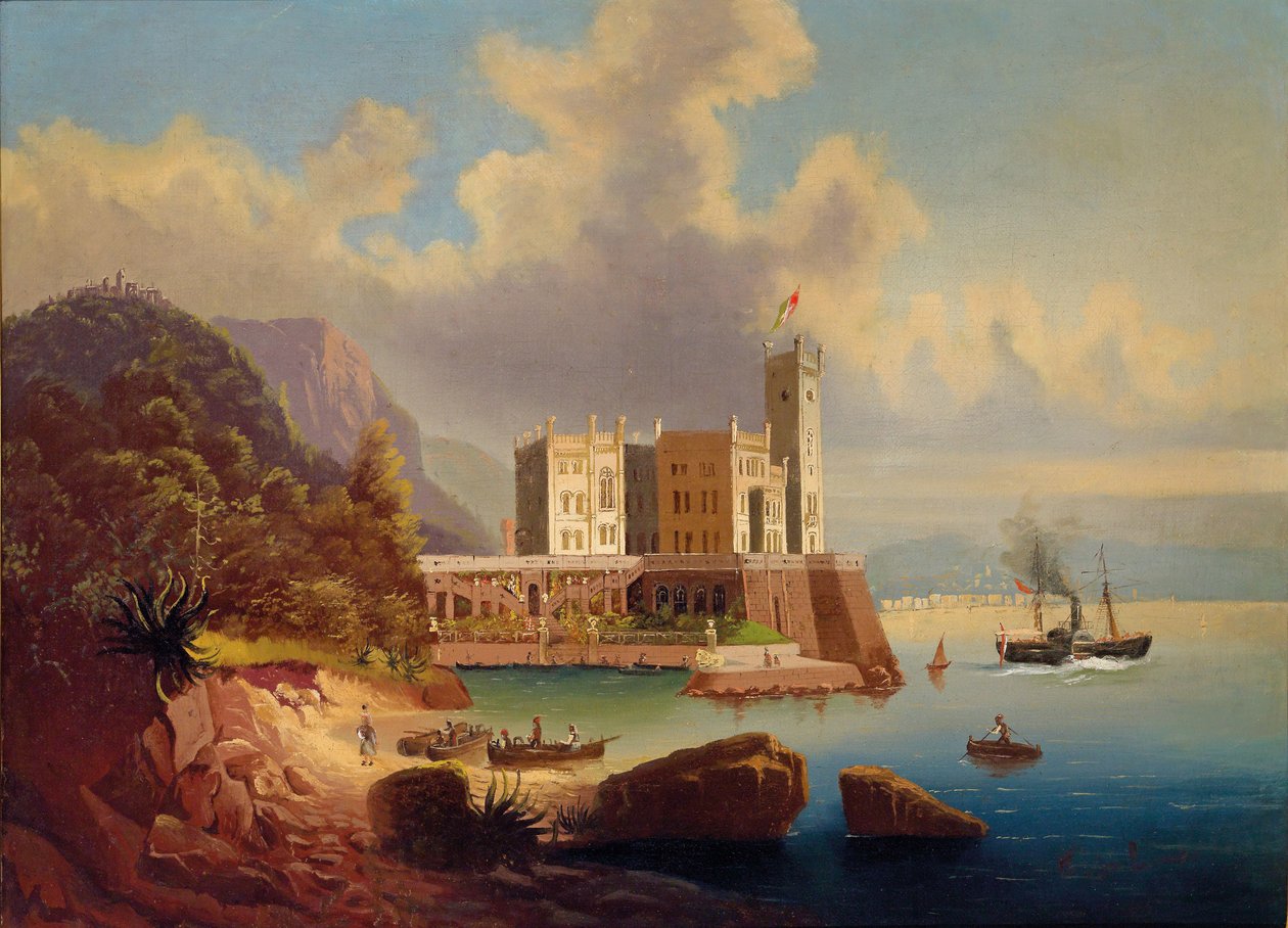 Utsikt over Miramare slott og Trieste. av Johann Wilhelm Jankowski