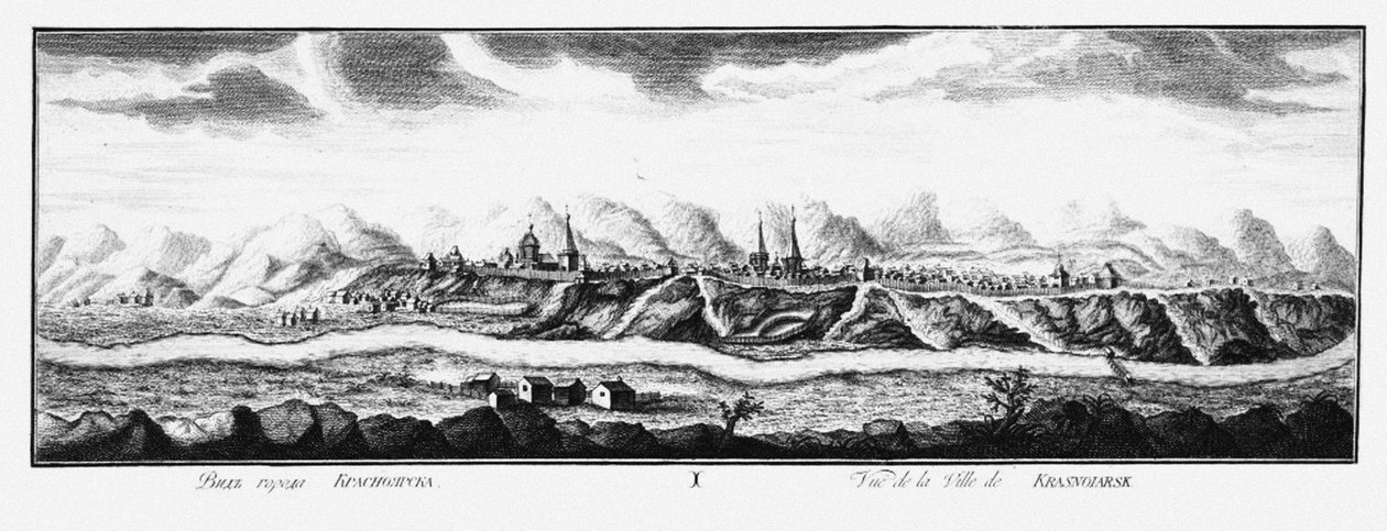Utsikt over Krasnoyarsk, ca 1735 av Johann Wilhelm Lürsenius