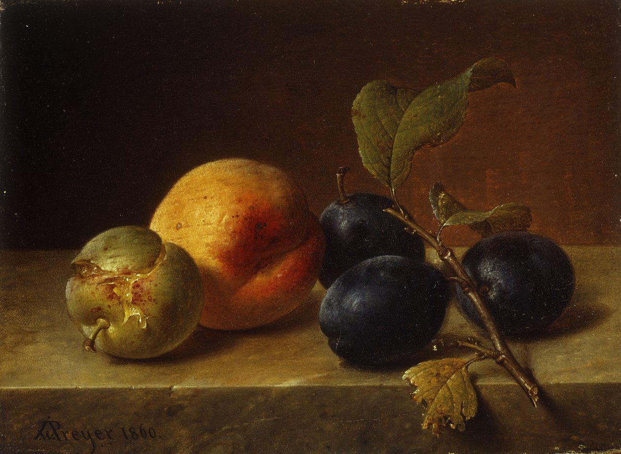 En fersken og plommer på en marmorhylle, 1860 av Johann Wilhelm Preyer