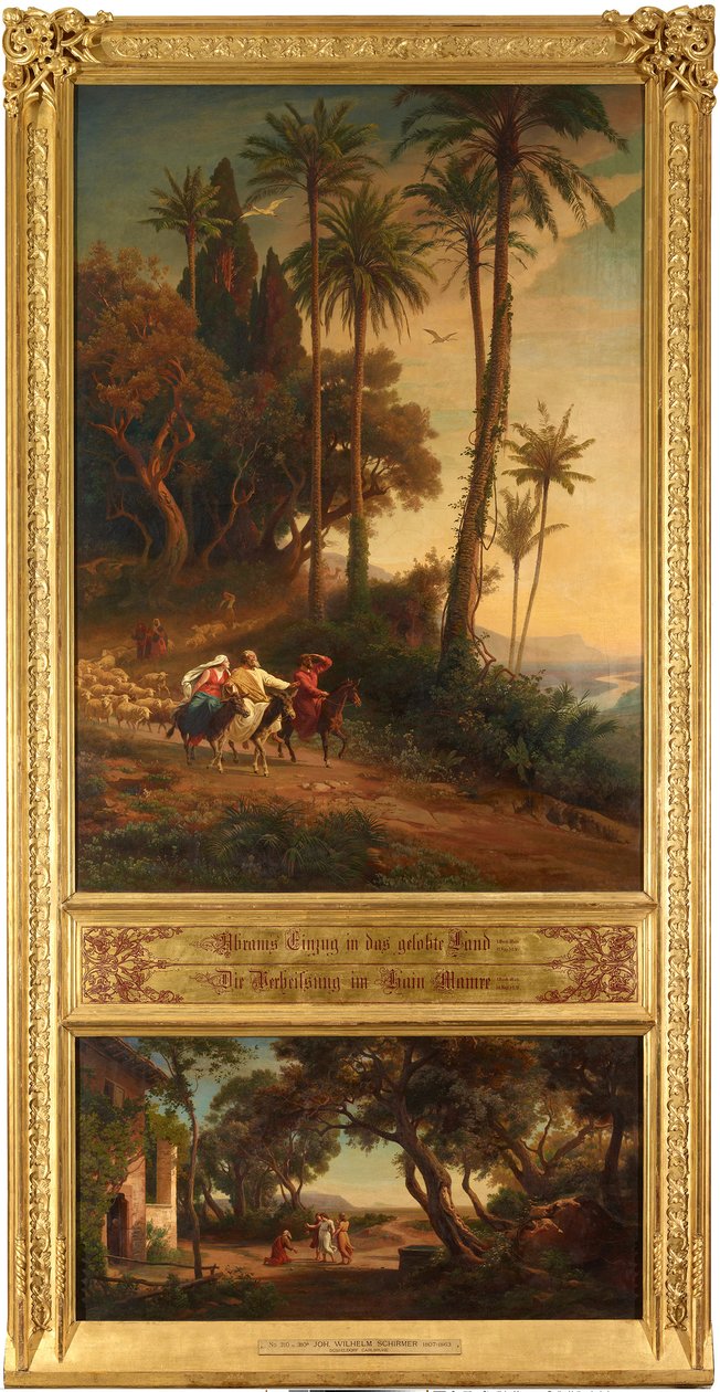 Abrahams inntog i Det lovede land (øverst). Løftet i Mamres lund (nederst). Fra syklusen «Tolv bibelske landskap med historien om Abraham» av Johann Wilhelm Schirmer
