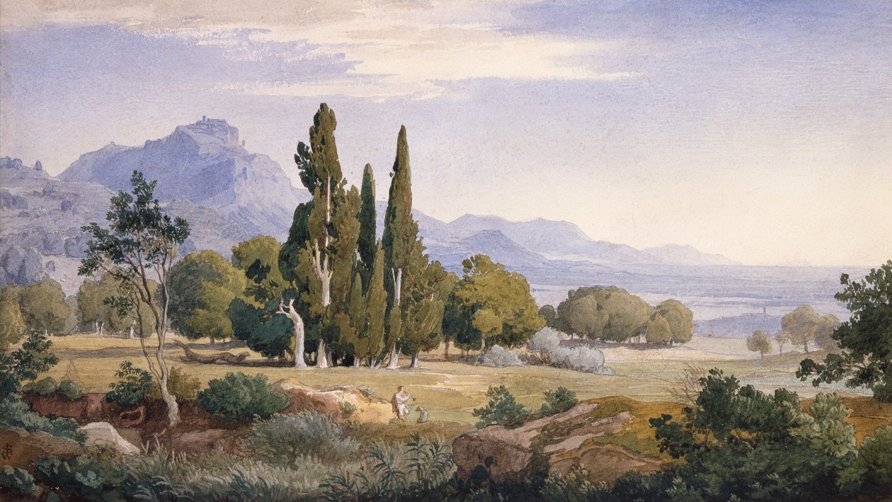 Et arkadisk landskap (blyant og akvarell) av Johann Wilhelm Schirmer