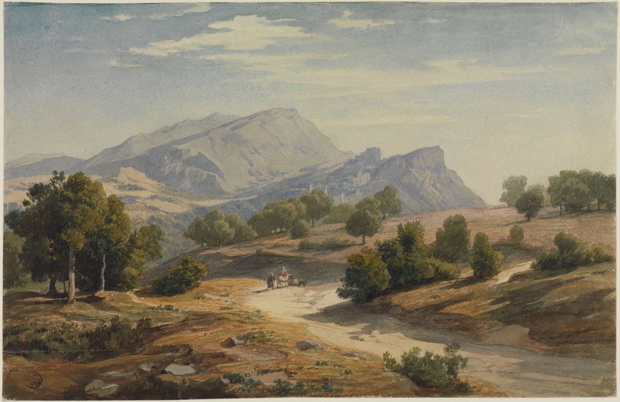 Utsikt fra øst over Rocca Canterano og Mamelle i bakgrunnen av Johann Wilhelm Schirmer
