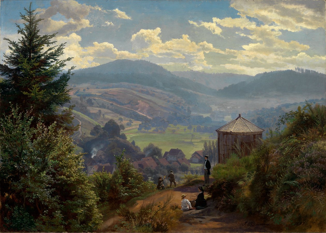 Oberbeuern-dalen sett fra Cäcilienberg, formiddag av Johann Wilhelm Schirmer