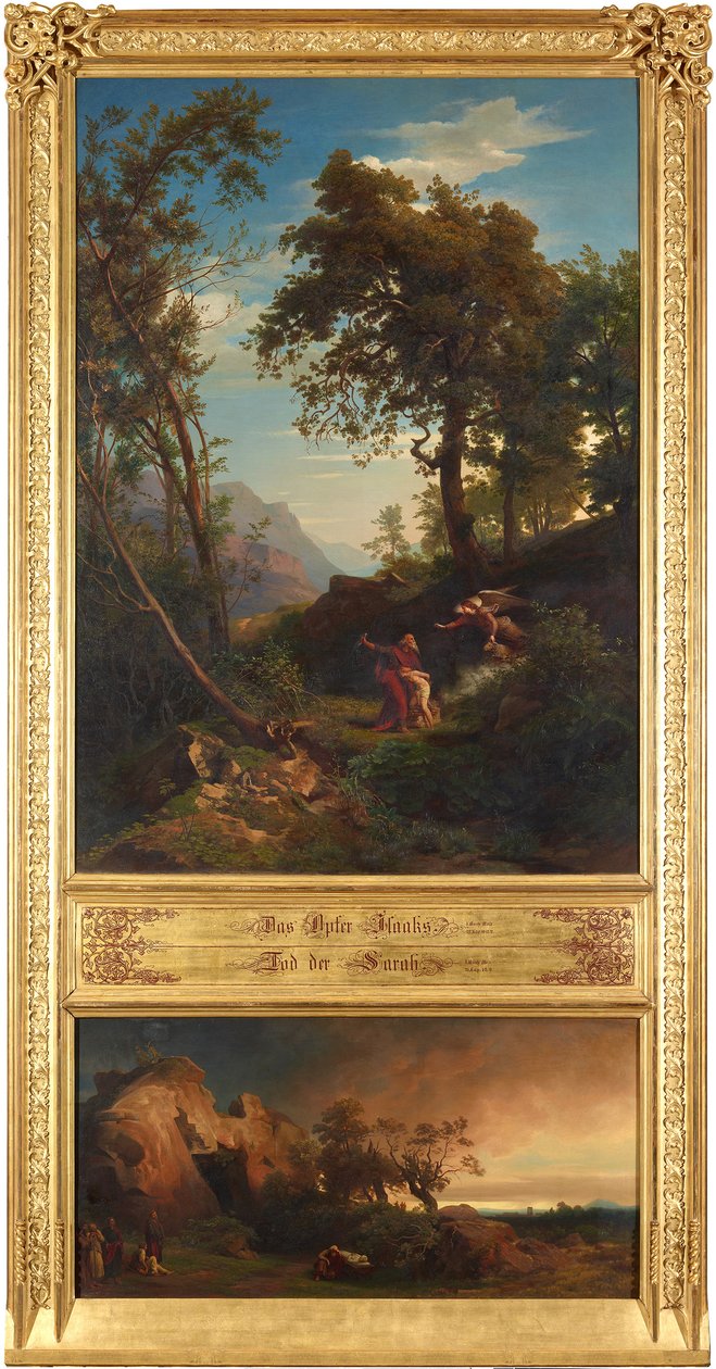 Isaks offer (øverst). Abrahams klage over Sara (nederst). Fra syklusen «Tolv bibelske landskaper med historien om Abraham» av Johann Wilhelm Schirmer