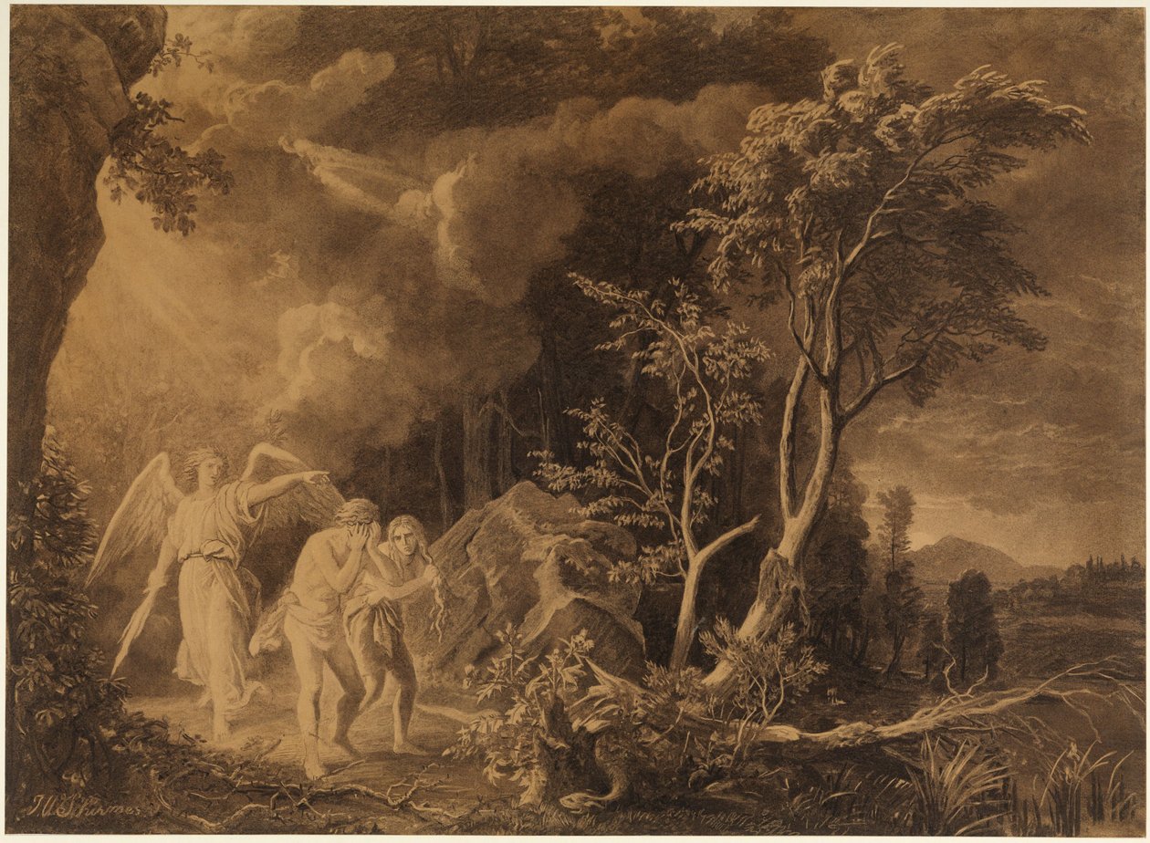 Utdrivelsen fra paradiset (1. Mosebok 3, 23-24) av Johann Wilhelm Schirmer