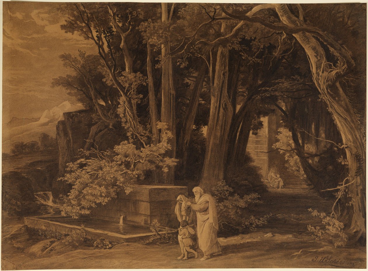 Hagars fordrivelse med Ismael (1. Mosebok 21, 14) av Johann Wilhelm Schirmer