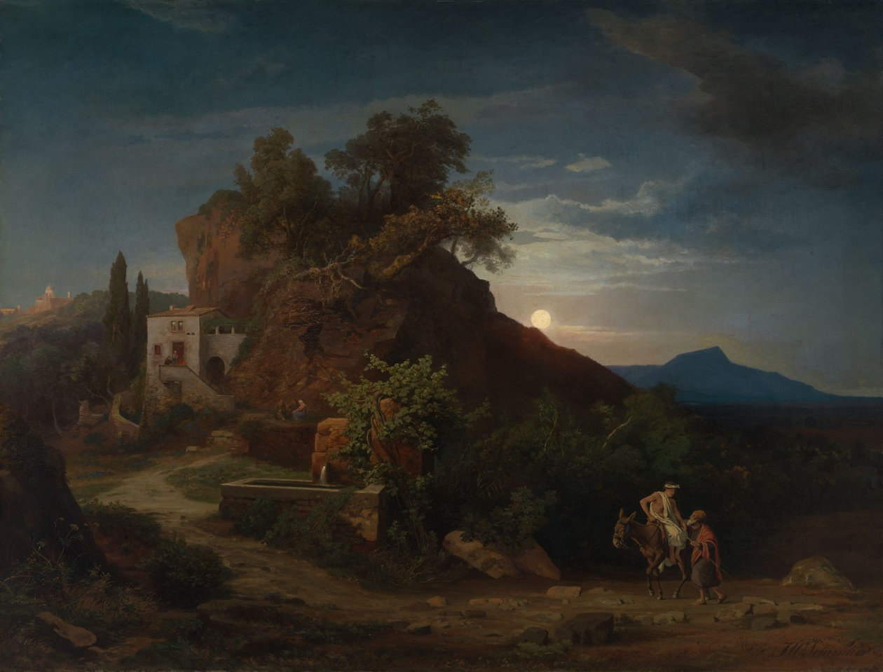 Natten, samaritanens ankomst med den skadde til herberget av Johann Wilhelm Schirmer
