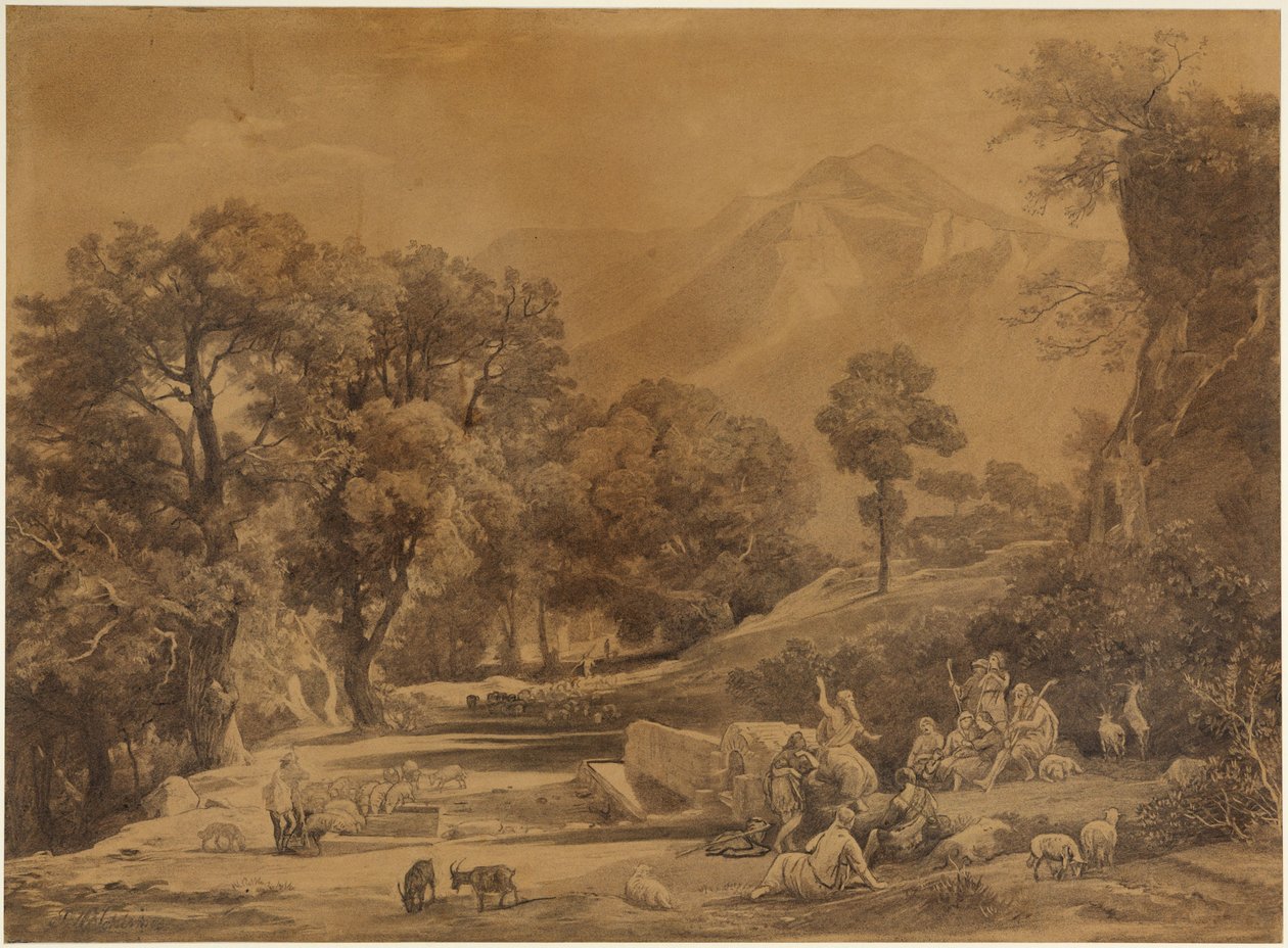 Den første prekenen i Sets stamme for gjetere i fjellene (1. Mosebok 4,26) av Johann Wilhelm Schirmer