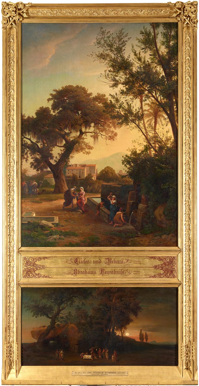 Elieser og Rebekka ved brønnen (øverst). Abrahams begravelse (nederst). Fra syklusen «Tolv bibelske landskaper med historien om Abraham» av Johann Wilhelm Schirmer