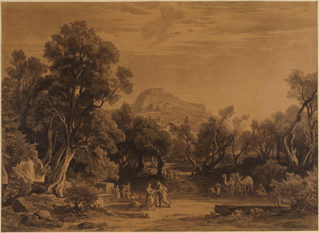 Elieser og Rebekka ved brønnen (1. Mosebok 24, 17-18) av Johann Wilhelm Schirmer