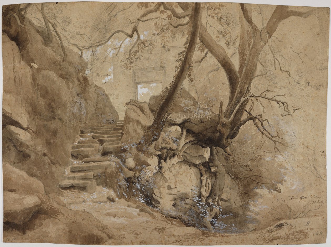 Fjelltrappen i parken ved Villa Chigi i Ariccia av Johann Wilhelm Schirmer