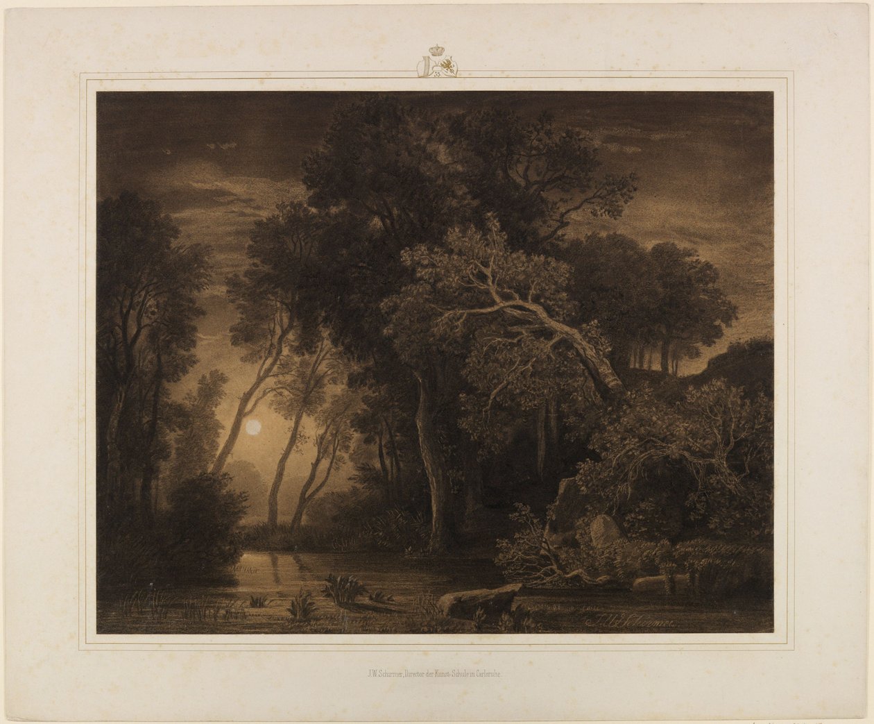Elvelandskap med oppgående måne av Johann Wilhelm Schirmer