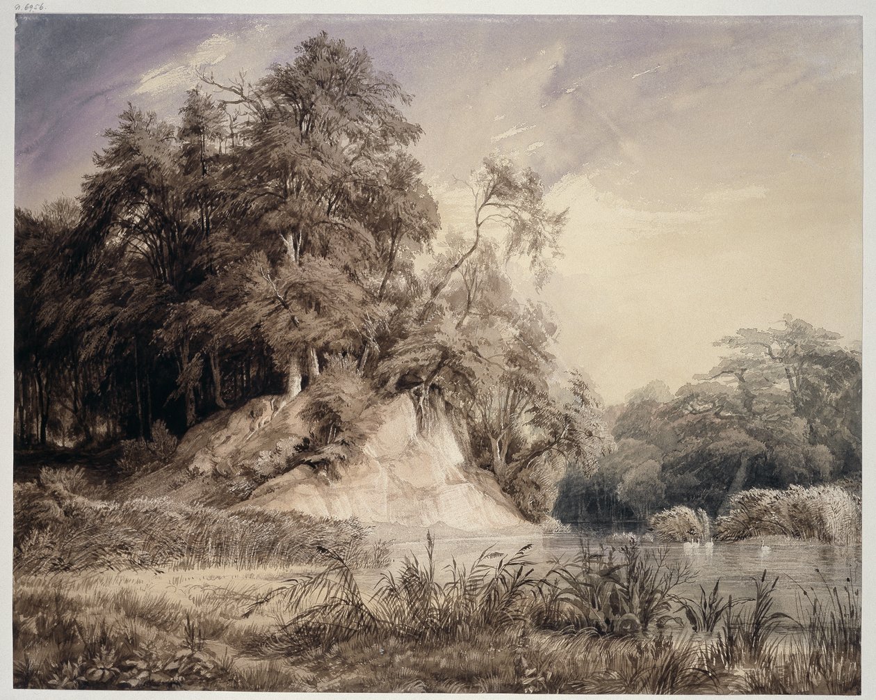 Skoglandskap med innsjø og svaner av Johann Wilhelm Schirmer