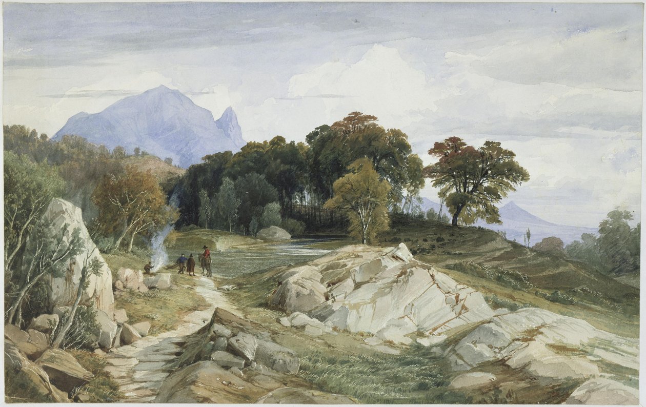 Italiensk skog- og fjellandskap, en rytter og tre menn ved bålet av Johann Wilhelm Schirmer